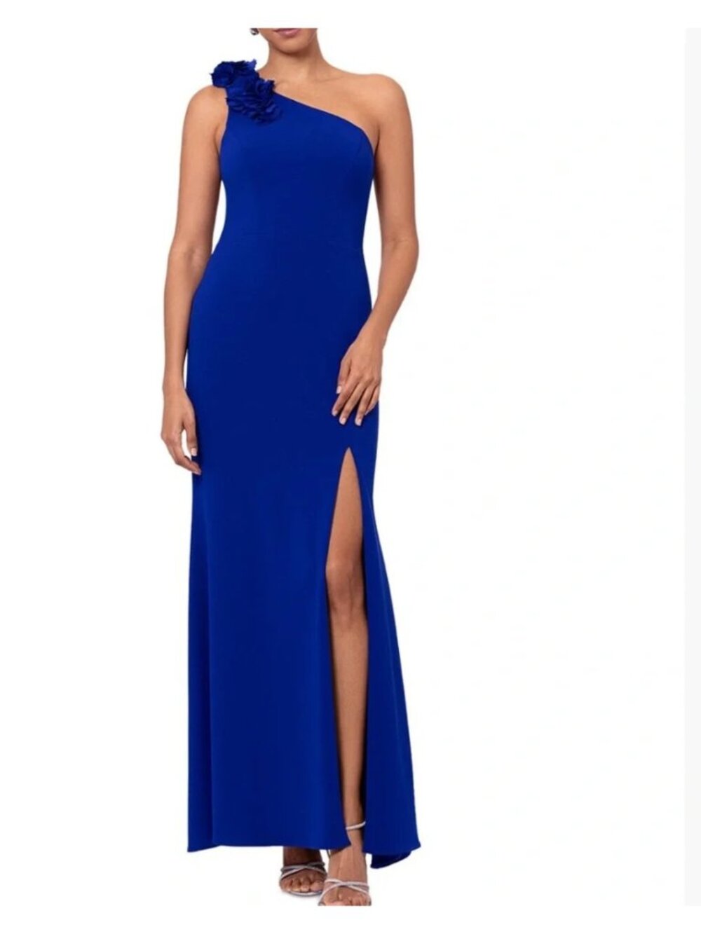 Xscape 6218X Royal Blue One-Shoulder Floral Appliqué Formal Dress 4 NWT